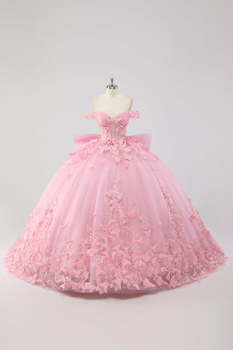 Prinzessin Blush Rosa Ballkleid Schulterfreies Perlenbesetztes Tüll Quinceanera Kleid aus mit Schleife