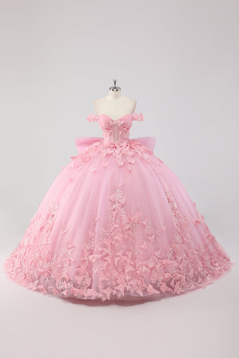 Laden Sie das Bild in den Galerie-Viewer, Prinzessin Blush Rosa Ballkleid Schulterfreies Perlenbesetztes Tüll Quinceanera Kleid aus mit Schleife