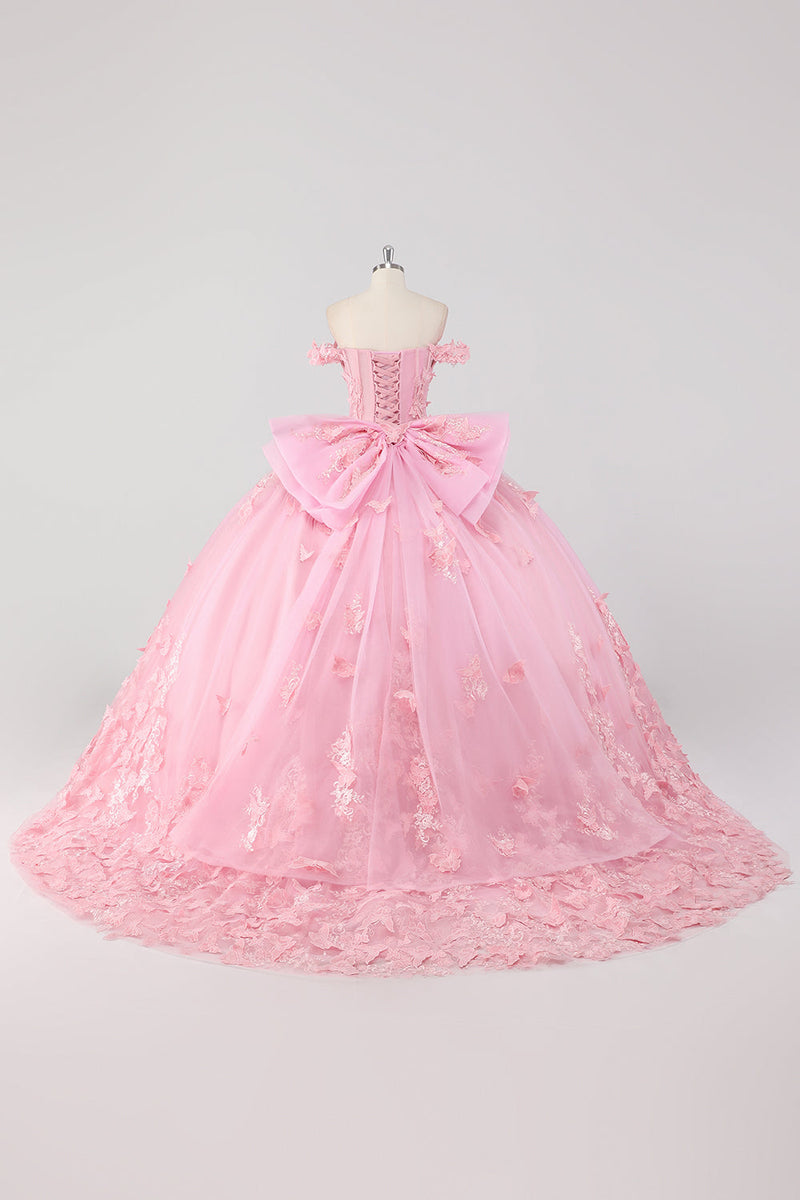 Laden Sie das Bild in den Galerie-Viewer, Prinzessin Blush Rosa Ballkleid Schulterfreies Perlenbesetztes Tüll Quinceanera Kleid aus mit Schleife