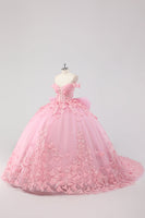 Laden Sie das Bild in den Galerie-Viewer, Prinzessin Blush Rosa Ballkleid Schulterfreies Perlenbesetztes Tüll Quinceanera Kleid aus mit Schleife