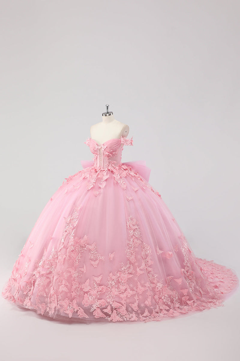Laden Sie das Bild in den Galerie-Viewer, Prinzessin Blush Rosa Ballkleid Schulterfreies Perlenbesetztes Tüll Quinceanera Kleid aus mit Schleife