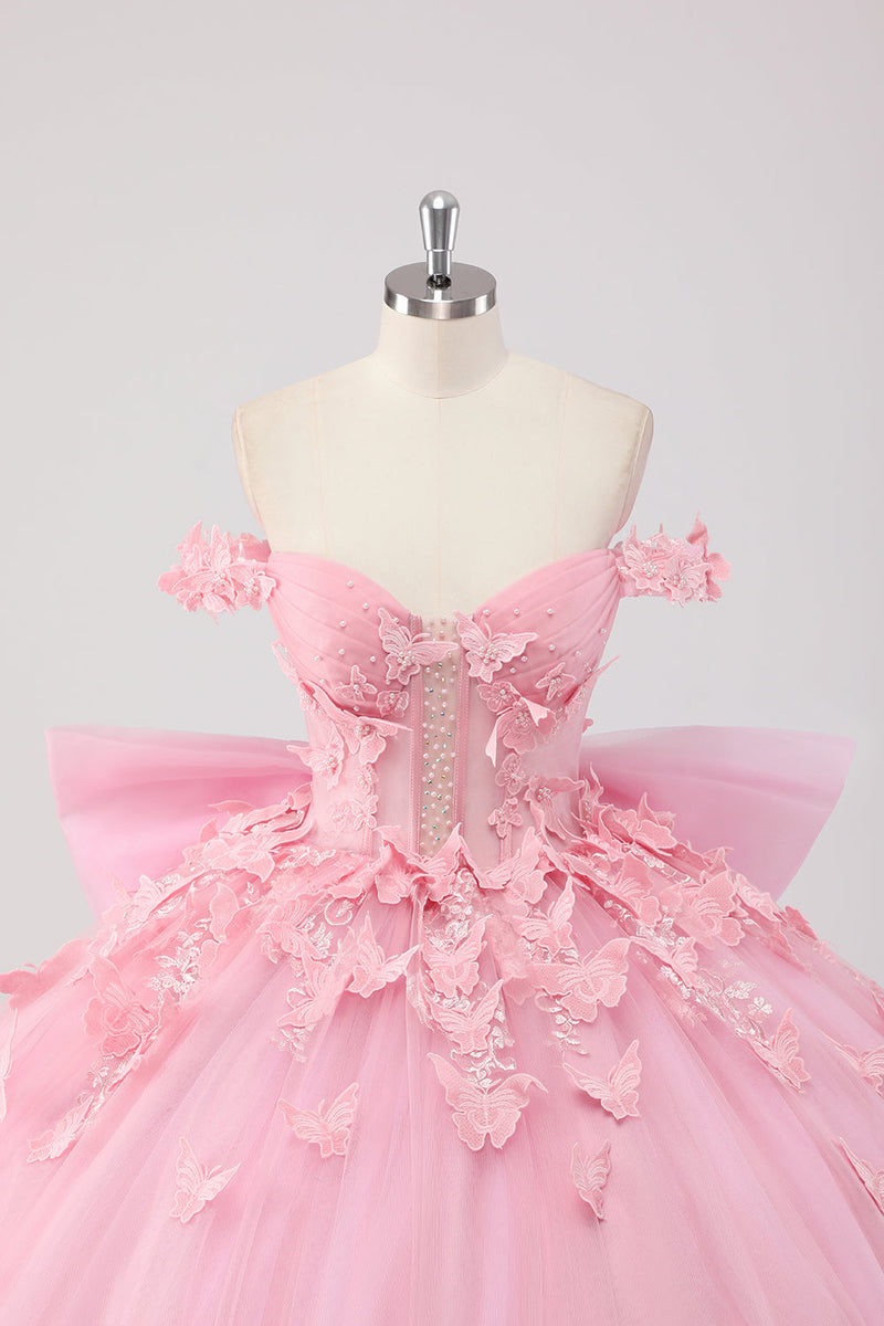 Laden Sie das Bild in den Galerie-Viewer, Prinzessin Blush Rosa Ballkleid Schulterfreies Perlenbesetztes Tüll Quinceanera Kleid aus mit Schleife