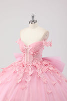 Laden Sie das Bild in den Galerie-Viewer, Prinzessin Blush Rosa Ballkleid Schulterfreies Perlenbesetztes Tüll Quinceanera Kleid aus mit Schleife