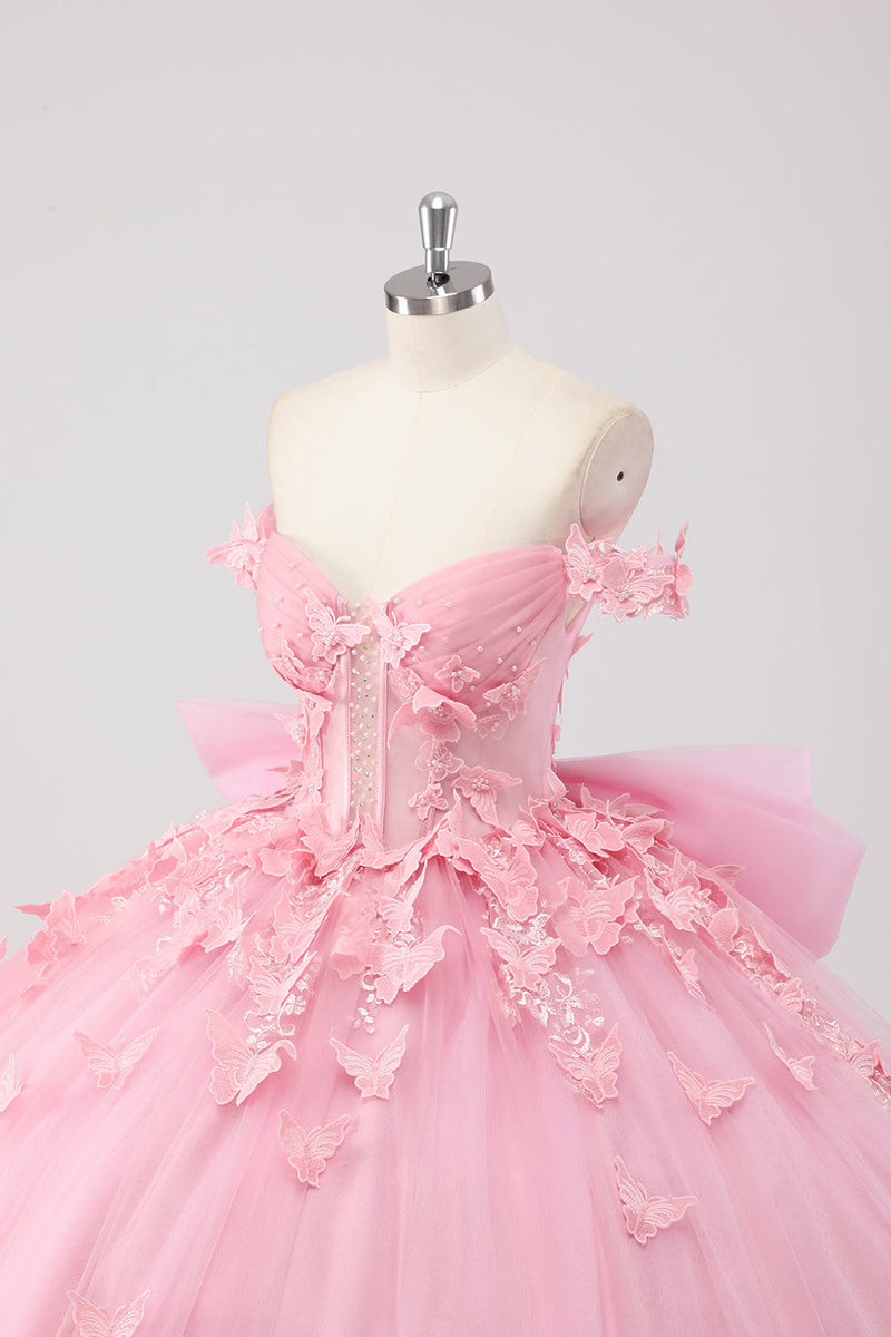 Laden Sie das Bild in den Galerie-Viewer, Prinzessin Blush Rosa Ballkleid Schulterfreies Perlenbesetztes Tüll Quinceanera Kleid aus mit Schleife