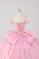 Laden Sie das Bild in den Galerie-Viewer, Prinzessin Blush Rosa Ballkleid Schulterfreies Perlenbesetztes Tüll Quinceanera Kleid aus mit Schleife