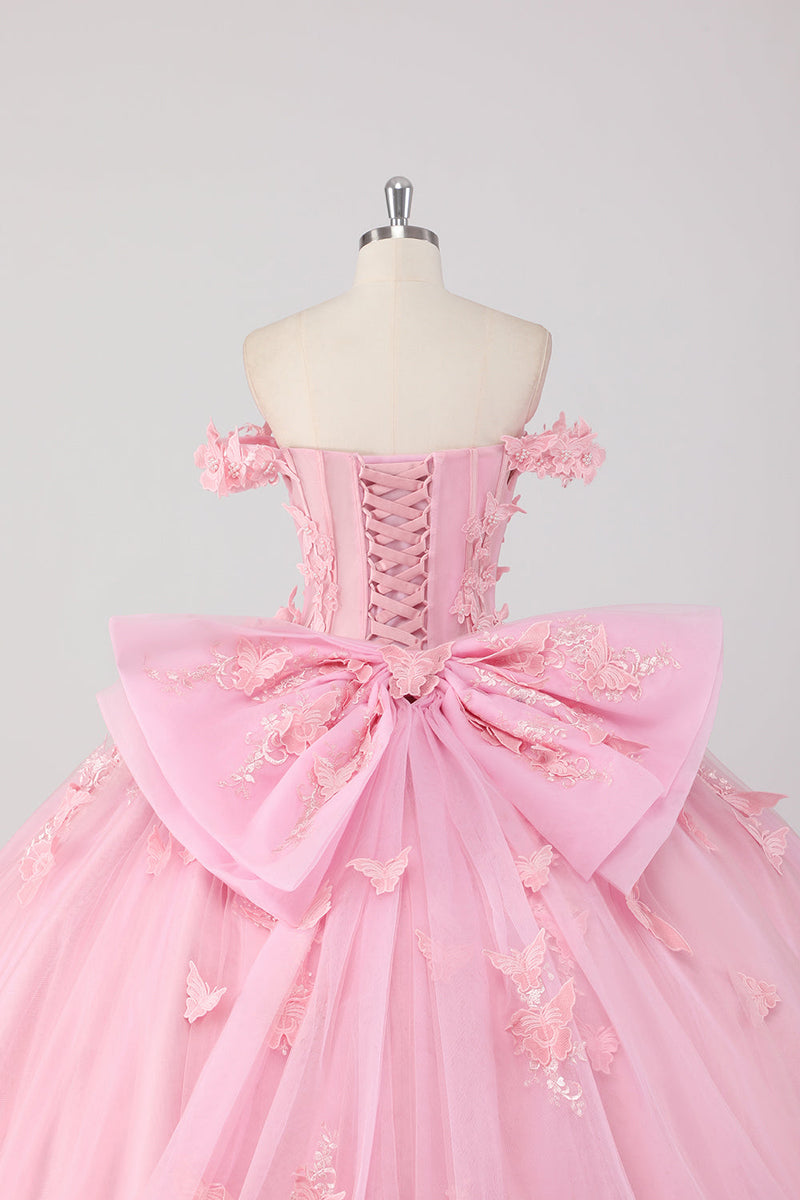 Laden Sie das Bild in den Galerie-Viewer, Prinzessin Blush Rosa Ballkleid Schulterfreies Perlenbesetztes Tüll Quinceanera Kleid aus mit Schleife