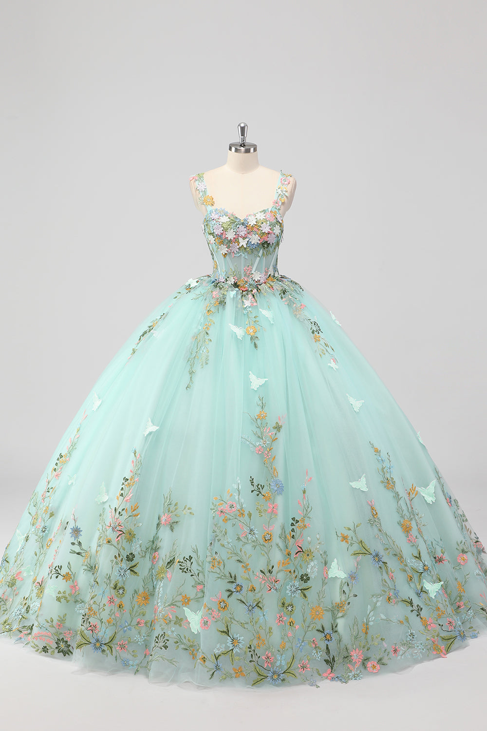Prinzessin Mint Ballkleid Spaghettiträger Tüll Quinceanera Kleid mit Blumenapplikationen