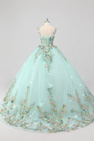 Laden Sie das Bild in den Galerie-Viewer, Prinzessin Mint Ballkleid Spaghettiträger Tüll Quinceanera Kleid mit Blumenapplikationen