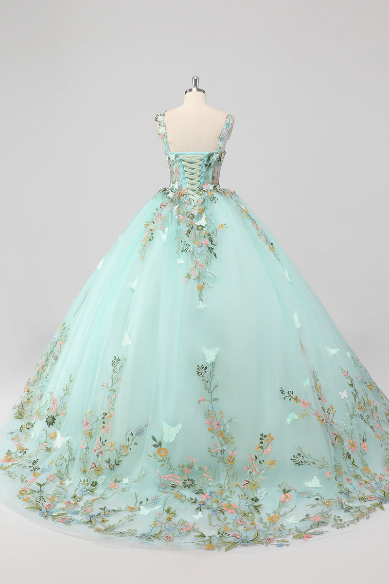 Laden Sie das Bild in den Galerie-Viewer, Prinzessin Mint Ballkleid Spaghettiträger Tüll Quinceanera Kleid mit Blumenapplikationen