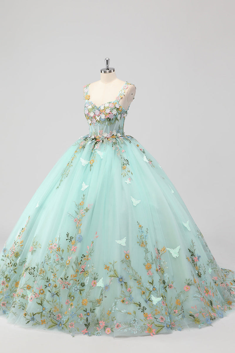 Laden Sie das Bild in den Galerie-Viewer, Prinzessin Mint Ballkleid Spaghettiträger Tüll Quinceanera Kleid mit Blumenapplikationen