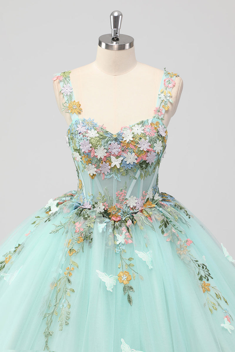 Laden Sie das Bild in den Galerie-Viewer, Prinzessin Mint Ballkleid Spaghettiträger Tüll Quinceanera Kleid mit Blumenapplikationen