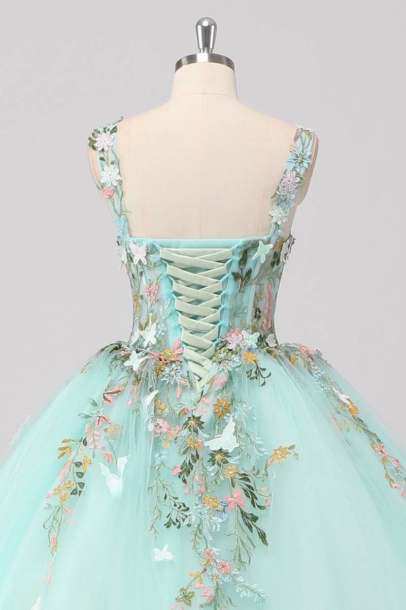 Laden Sie das Bild in den Galerie-Viewer, Prinzessin Mint Ballkleid Spaghettiträger Tüll Quinceanera Kleid mit Blumenapplikationen