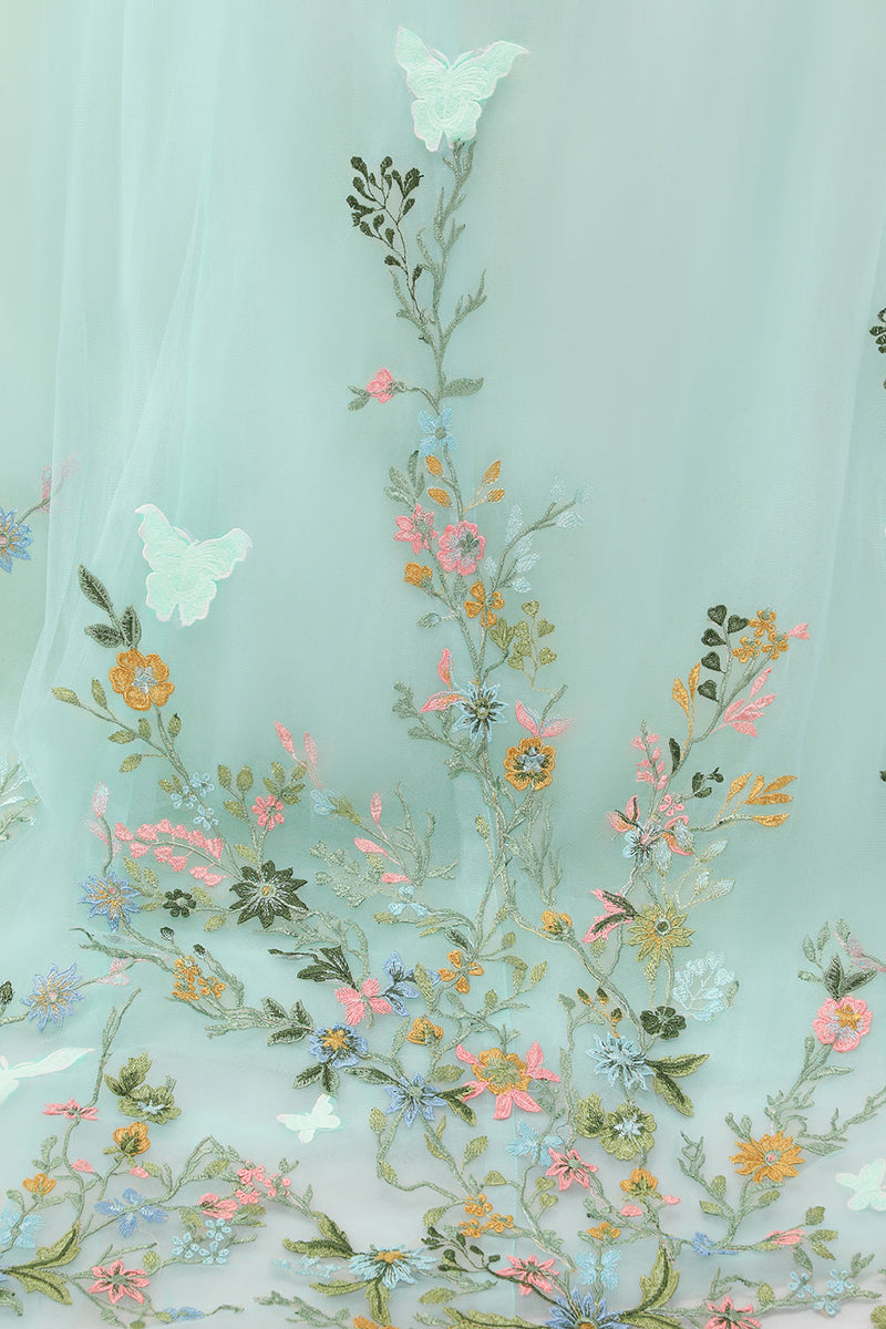 Laden Sie das Bild in den Galerie-Viewer, Prinzessin Mint Ballkleid Spaghettiträger Tüll Quinceanera Kleid mit Blumenapplikationen