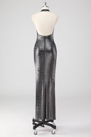 Laden Sie das Bild in den Galerie-Viewer, Glitzerndes Silbergraues Neckholder Abendkleid mit Schlitz