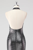 Laden Sie das Bild in den Galerie-Viewer, Glitzerndes Silbergraues Neckholder Abendkleid mit Schlitz