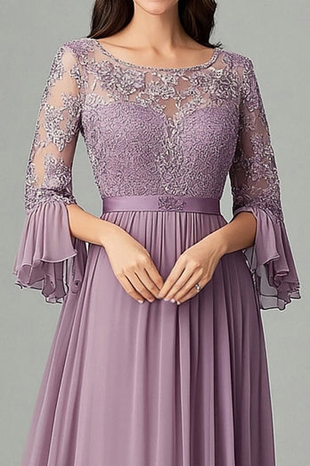 Taro Lila Spitze Chiffon Mutter der Braut Kleid mit 3/4 Ärmeln