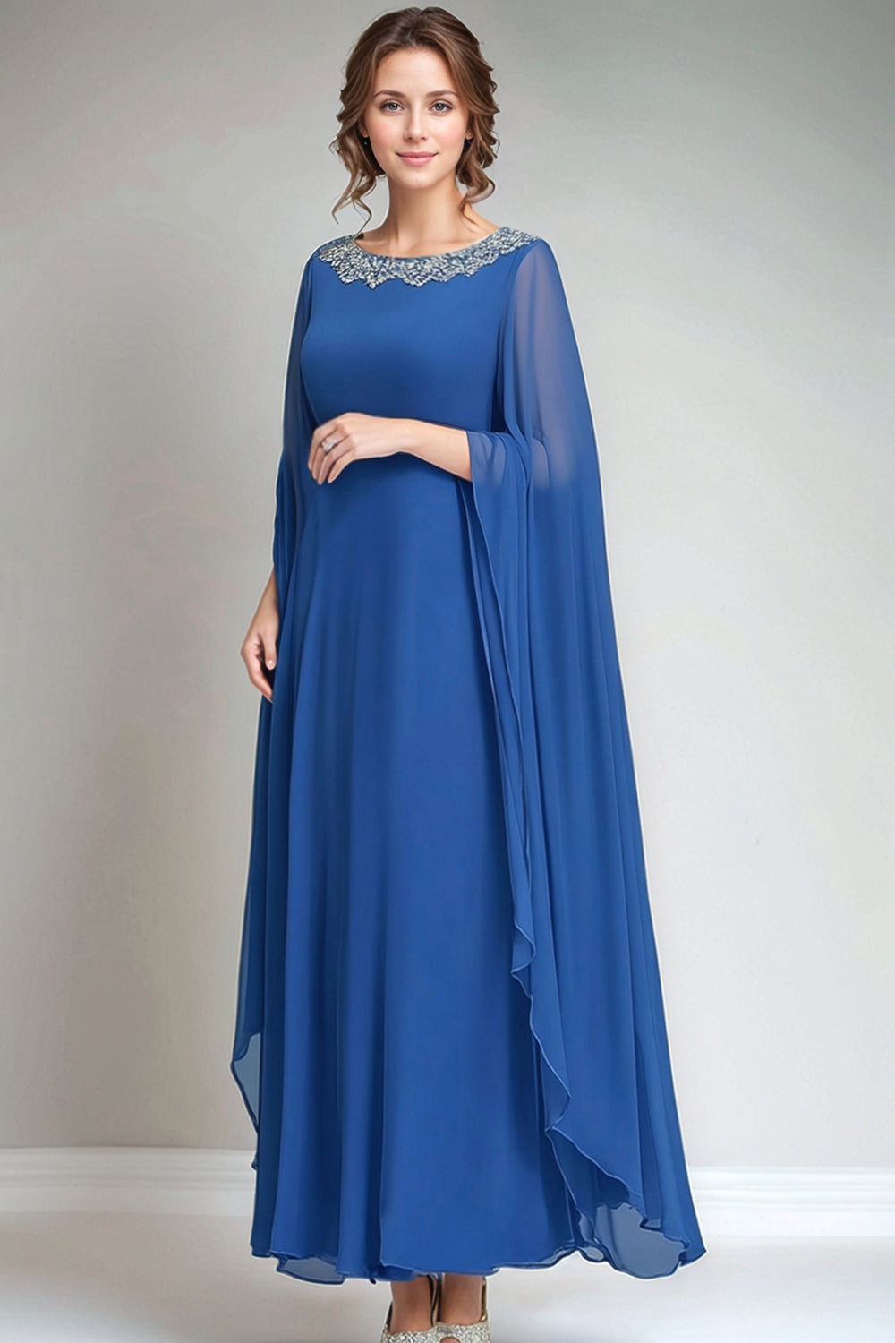 Blaues A-Linie Chiffon Mutterkleid mit Rundhalsausschnitt