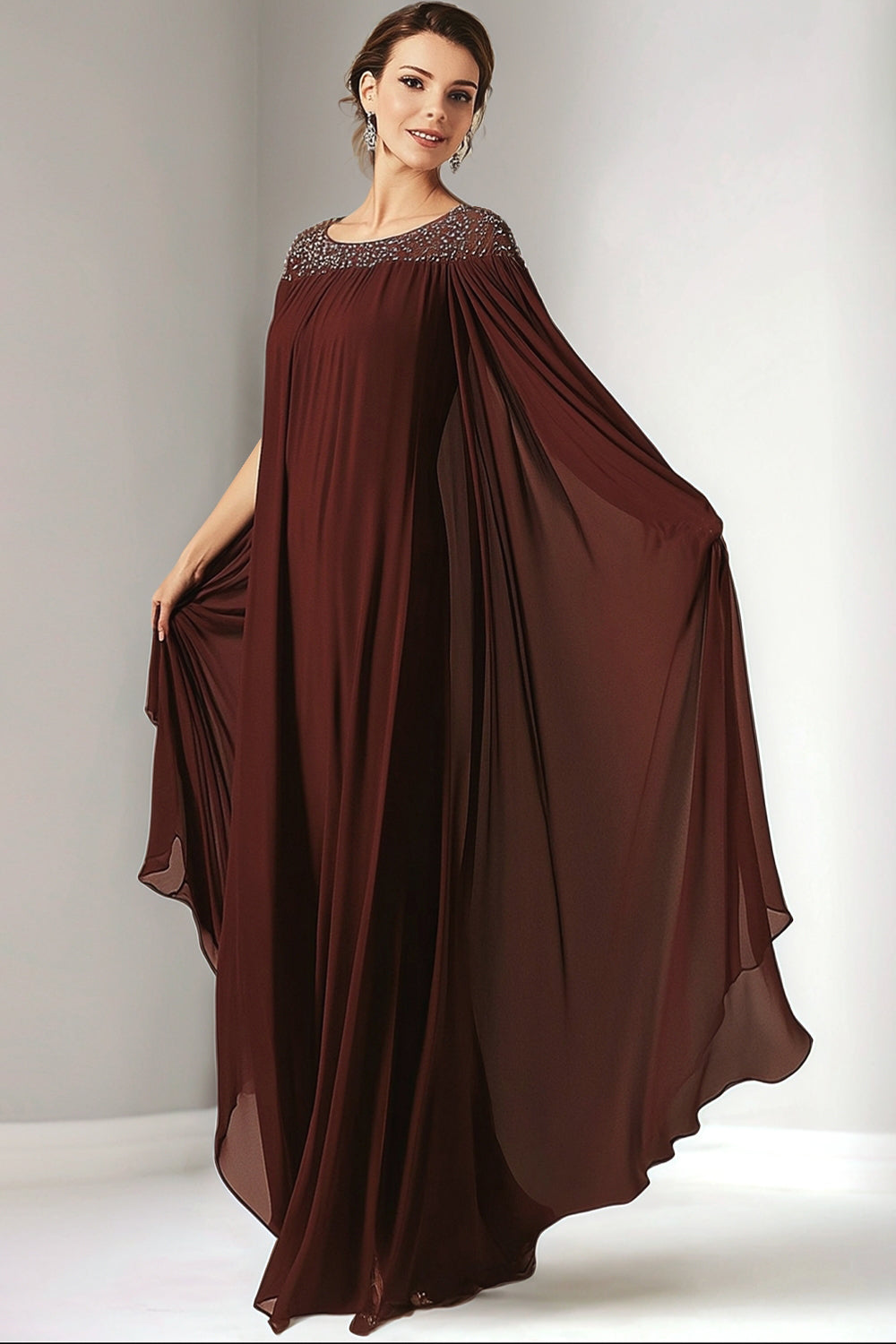 Burgundy Chiffon Rundhalsausschnitt Perlenbesetztes langes Brautmutterkleid mit Wickeltuch