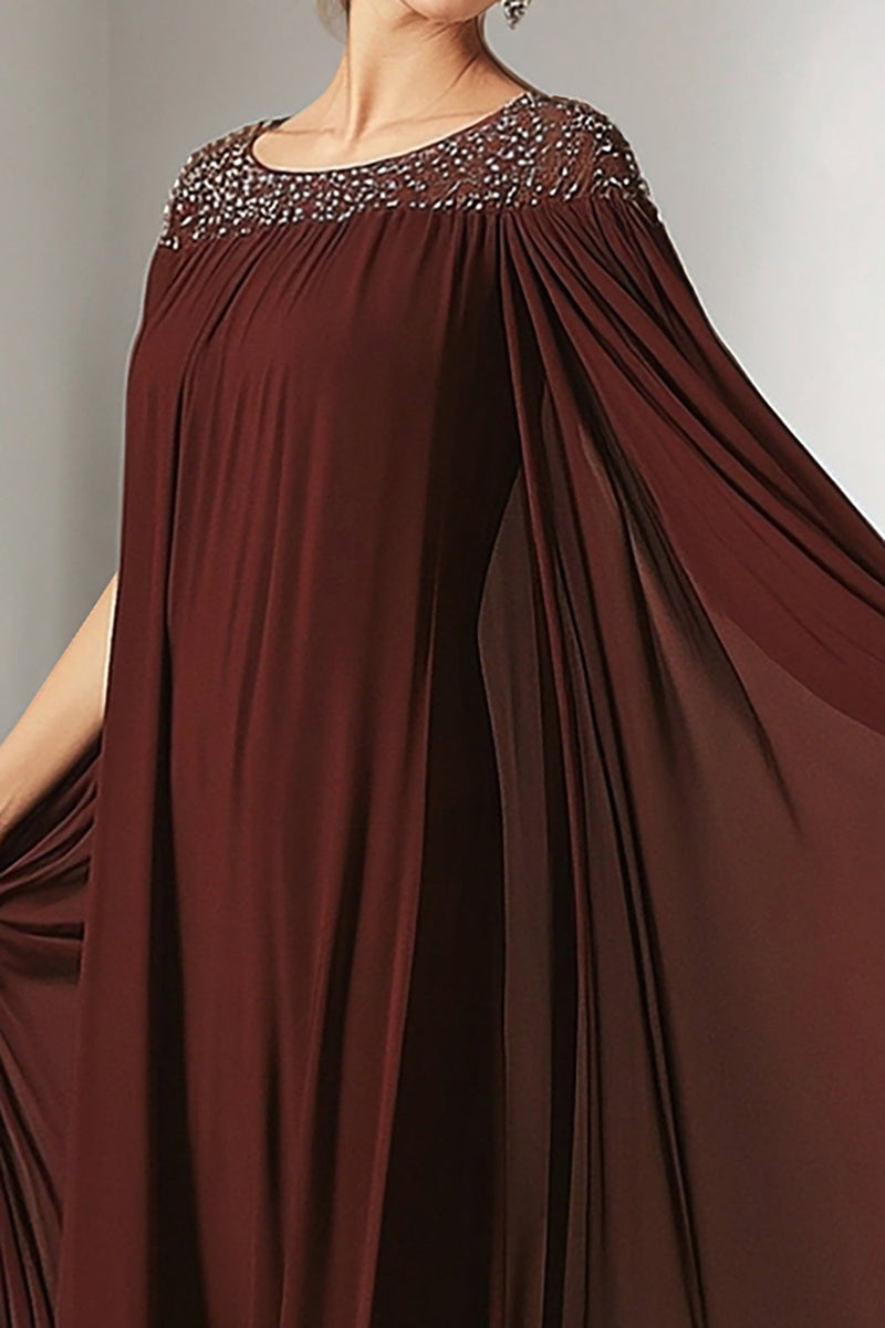 Laden Sie das Bild in den Galerie-Viewer, Burgundy Chiffon Rundhalsausschnitt Perlenbesetztes langes Brautmutterkleid mit Wickeltuch