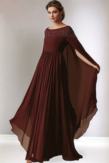 Burgundy A-Linie Chiffon kleid für die Brautmutter mit Rundhalsausschnitt und Wickel