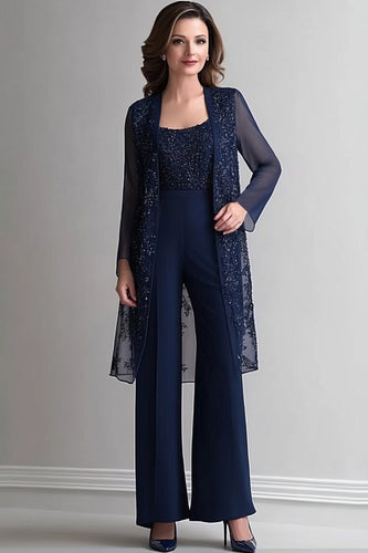 Marineblauer zweiteiliger Jumpsuit Pailletten Spitze Chiffon Kleid für die Brautmutter