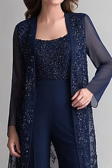 Marineblauer zweiteiliger Jumpsuit Pailletten Spitze Chiffon Kleid für die Brautmutter