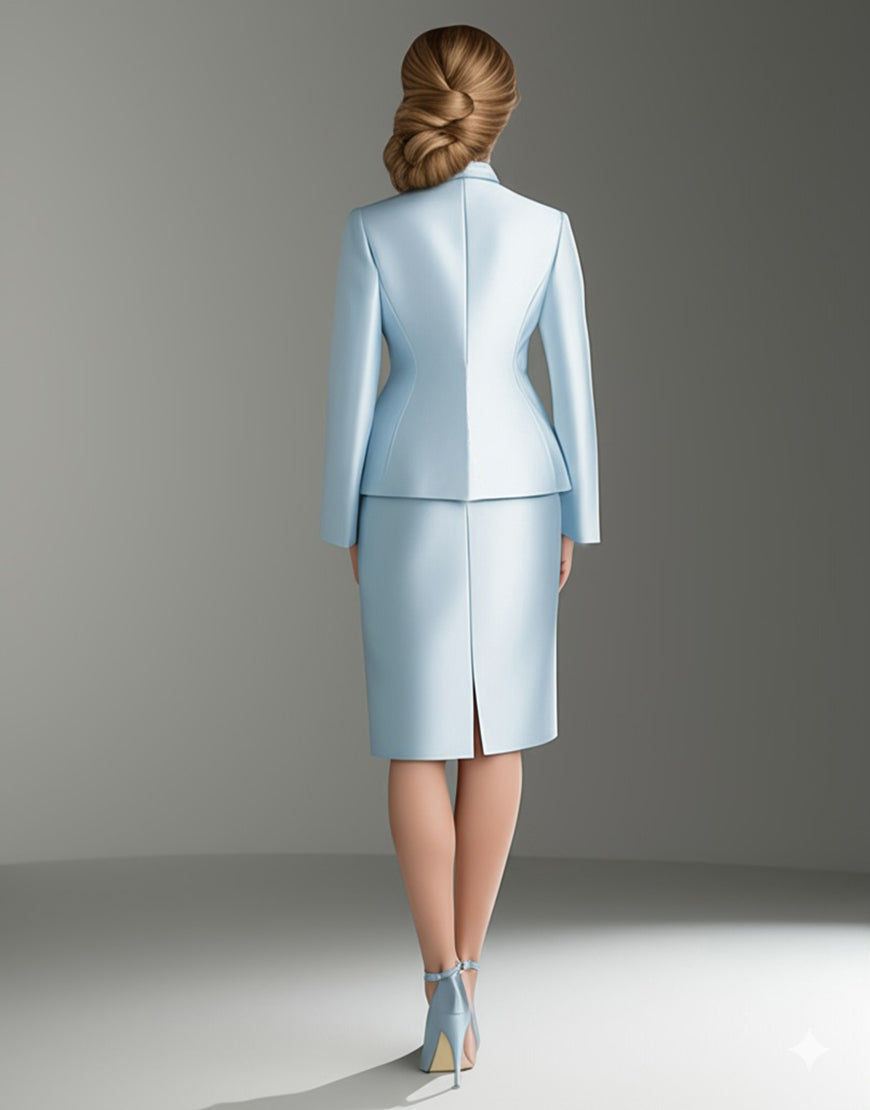 Laden Sie das Bild in den Galerie-Viewer, Blaues Satin V-Ausschnitt 2 Stück Kleid für die Brautmutter mit langen Ärmeln