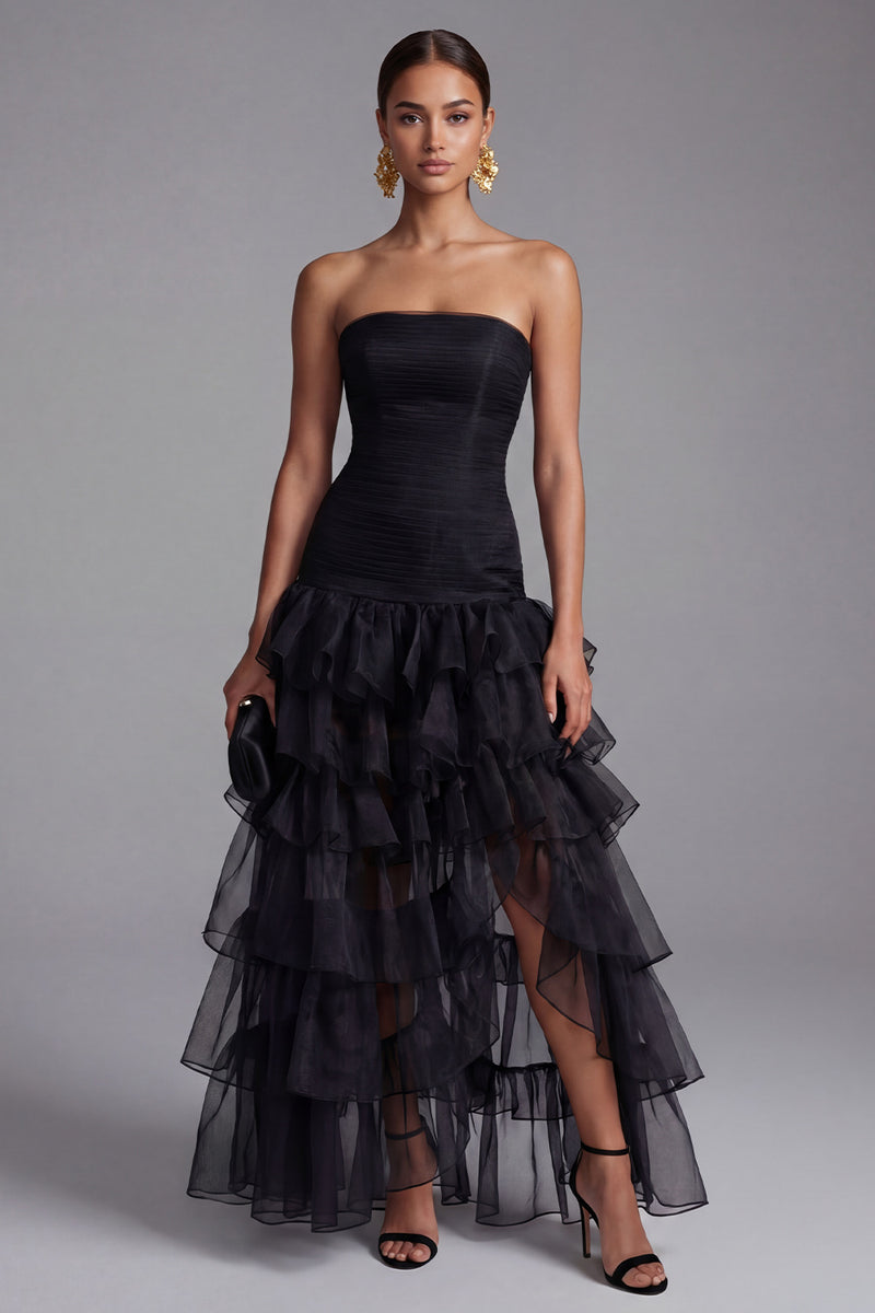 Laden Sie das Bild in den Galerie-Viewer, Schwarzes Trägerloses Ballkleid aus Tüll mit gestuften Rüschen