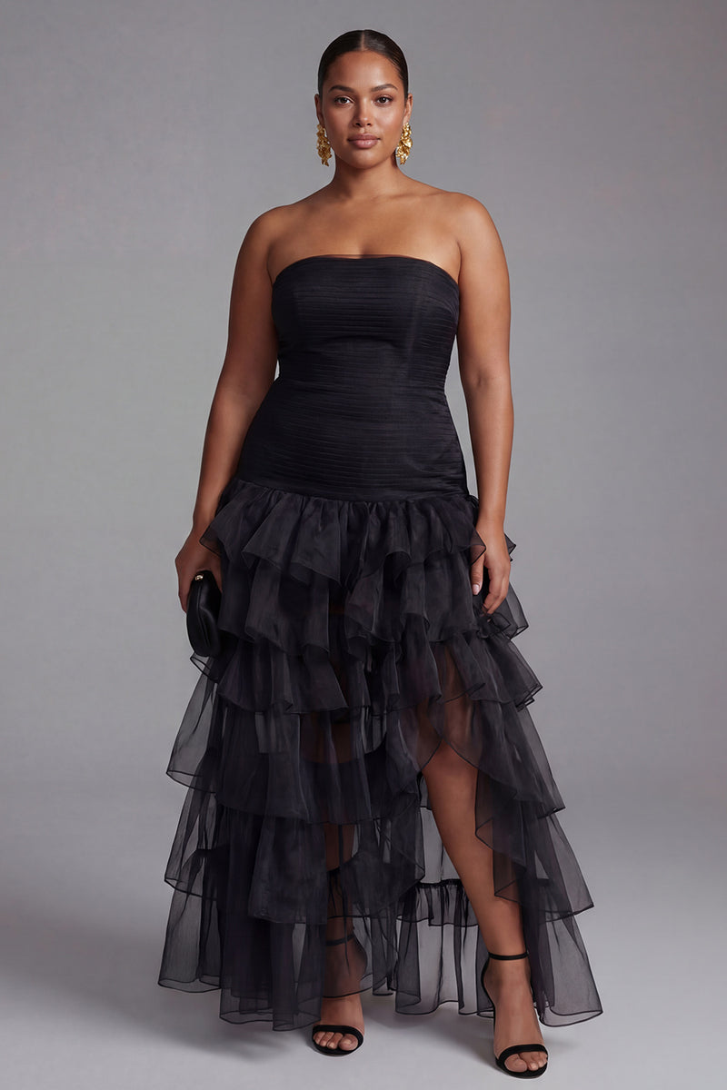 Laden Sie das Bild in den Galerie-Viewer, Schwarzes Trägerloses Ballkleid aus Tüll mit gestuften Rüschen