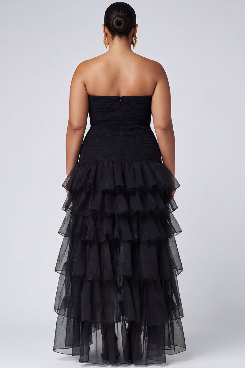 Laden Sie das Bild in den Galerie-Viewer, Schwarzes Trägerloses Ballkleid aus Tüll mit gestuften Rüschen
