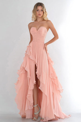 Rosa langes Chiffon Ballkleid mit Rüschen