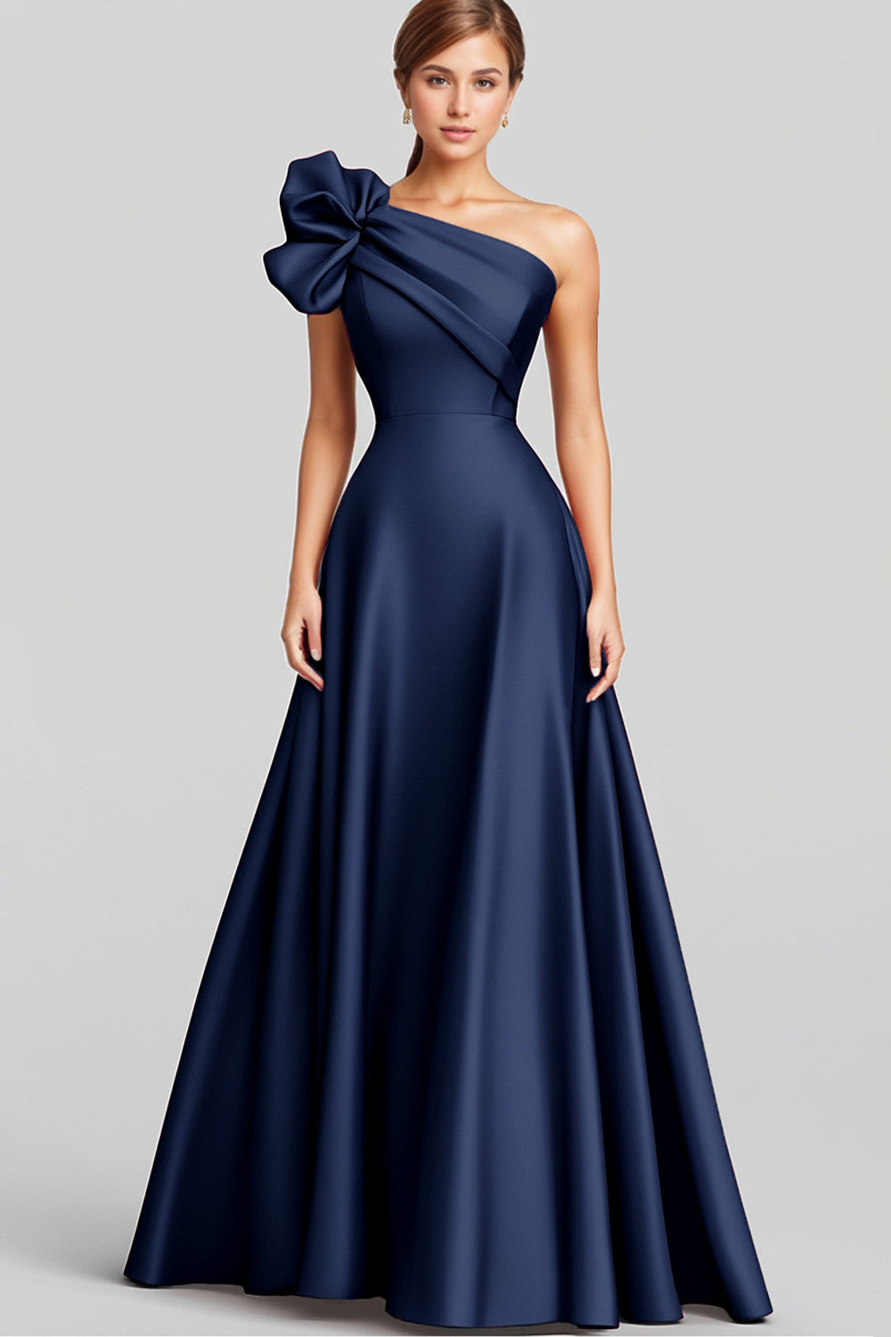 Marineblaues langes Satin Abendkleid in A-Linie mit Rüschen und einer Schulter