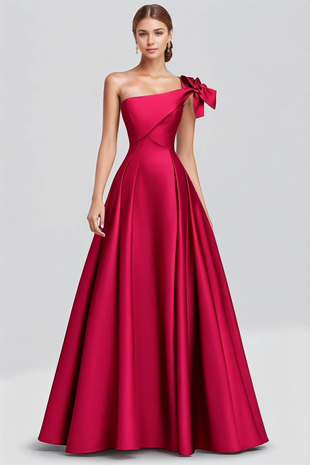 Fuchsia A-Linie Langes Satin Ballkleid mit einer Schulterschleife