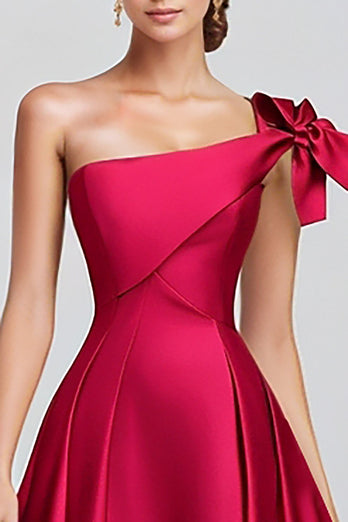 Fuchsia A-Linie Langes Satin Ballkleid mit einer Schulterschleife