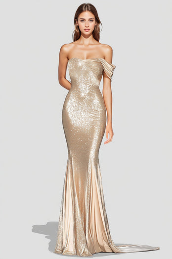 Glitzerndes Mermaid Champagner Schulterfreies plissiertes Abendkleid mit Pailletten