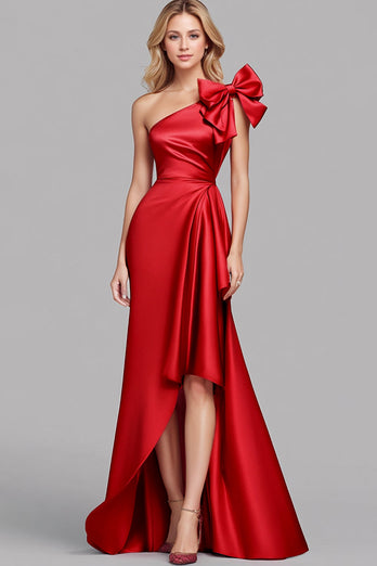 Rotes Ein Schulter Satin Meerjungfrauen Langes formelles Abendkleid mit Schleife