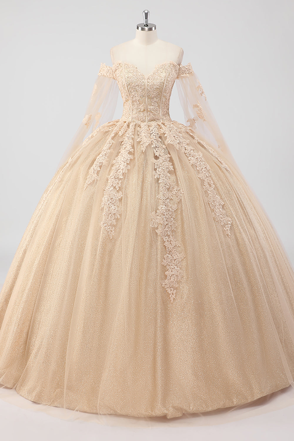 Prinzessin Champagner Schulterfreies Quinceanera Kleid aus Tüll mit Applikationen