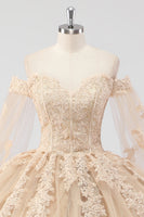Laden Sie das Bild in den Galerie-Viewer, Prinzessin Champagner Schulterfreies Quinceanera Kleid aus Tüll mit Applikationen