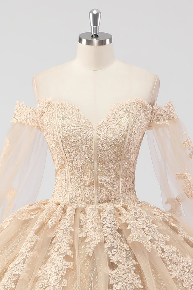 Laden Sie das Bild in den Galerie-Viewer, Prinzessin Champagner Schulterfreies Quinceanera Kleid aus Tüll mit Applikationen