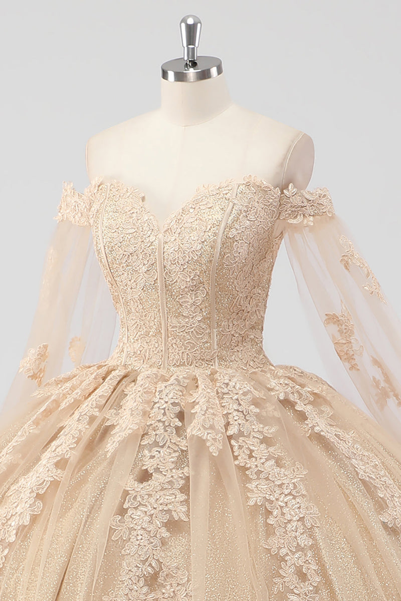 Laden Sie das Bild in den Galerie-Viewer, Prinzessin Champagner Schulterfreies Quinceanera Kleid aus Tüll mit Applikationen