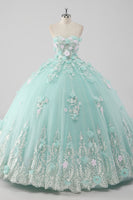 Laden Sie das Bild in den Galerie-Viewer, Prinzessin Mint Trägerloses Ball Quinceanera Kleid aus Tüll mit 3D-Blumen