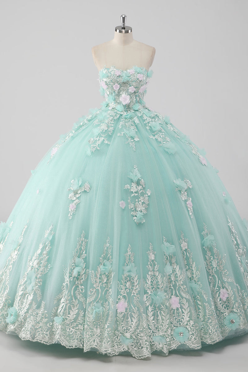 Laden Sie das Bild in den Galerie-Viewer, Prinzessin Mint Trägerloses Ball Quinceanera Kleid aus Tüll mit 3D-Blumen
