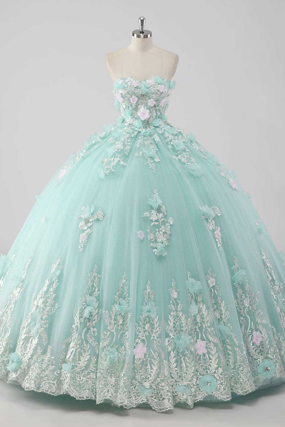 Prinzessin Mint Trägerloses Ball Quinceanera Kleid aus Tüll mit 3D-Blumen