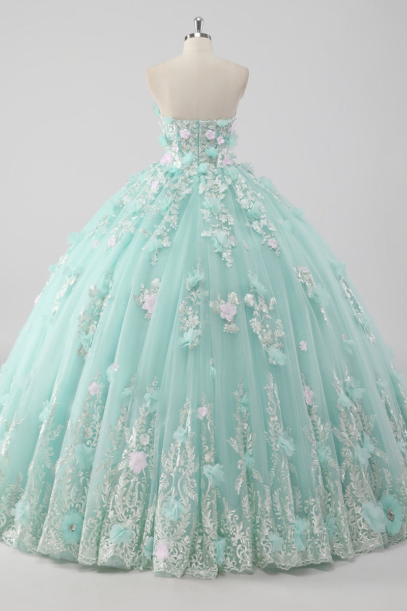 Laden Sie das Bild in den Galerie-Viewer, Prinzessin Mint Trägerloses Ball Quinceanera Kleid aus Tüll mit 3D-Blumen