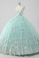 Laden Sie das Bild in den Galerie-Viewer, Prinzessin Mint Trägerloses Ball Quinceanera Kleid aus Tüll mit 3D-Blumen