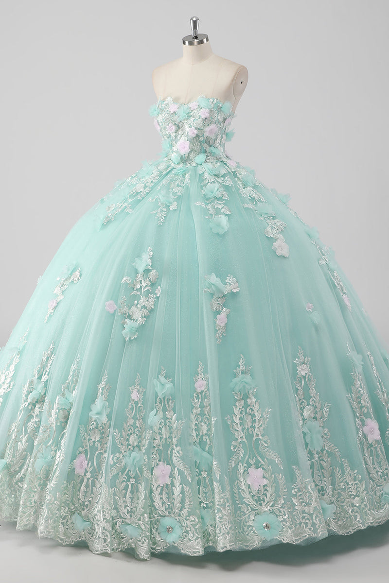 Laden Sie das Bild in den Galerie-Viewer, Prinzessin Mint Trägerloses Ball Quinceanera Kleid aus Tüll mit 3D-Blumen