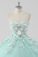Laden Sie das Bild in den Galerie-Viewer, Prinzessin Mint Trägerloses Ball Quinceanera Kleid aus Tüll mit 3D-Blumen