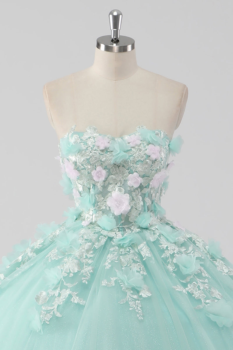 Laden Sie das Bild in den Galerie-Viewer, Prinzessin Mint Trägerloses Ball Quinceanera Kleid aus Tüll mit 3D-Blumen