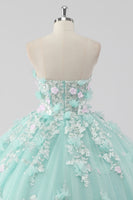Laden Sie das Bild in den Galerie-Viewer, Prinzessin Mint Trägerloses Ball Quinceanera Kleid aus Tüll mit 3D-Blumen