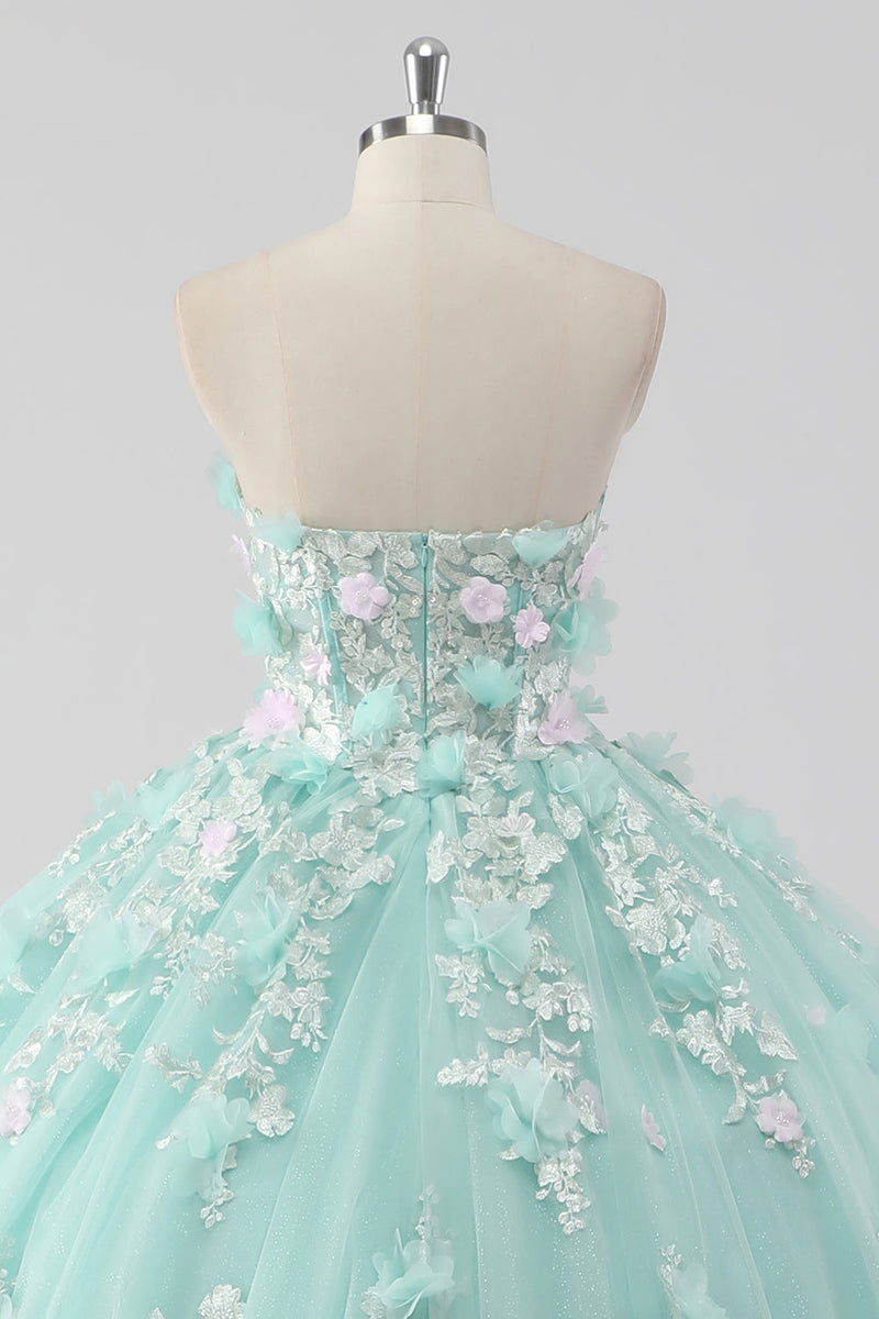 Laden Sie das Bild in den Galerie-Viewer, Prinzessin Mint Trägerloses Ball Quinceanera Kleid aus Tüll mit 3D-Blumen